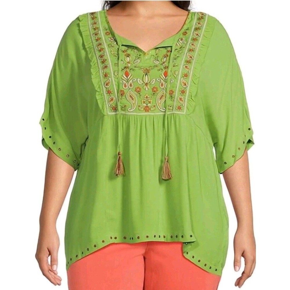 John Mark Embroidered Top 1X Green Tassel Neck Tie Grommets Boho  Short Sleeve